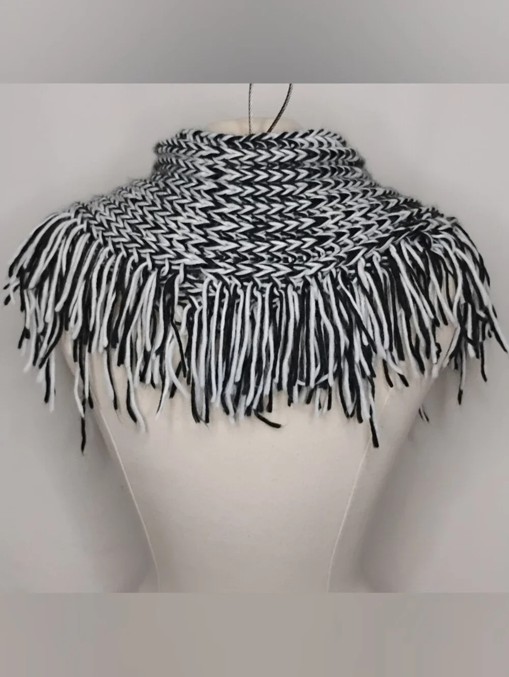 Women's Black & White Fringe Soft Warm Woven Crochet Knit Shawl Wooden Buttons
